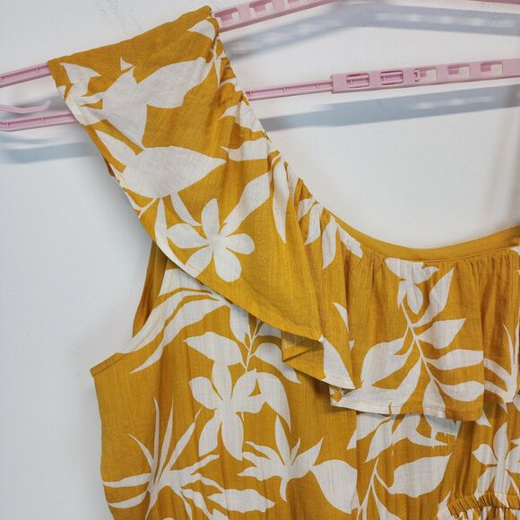 Old Navy Floral Midi Dress Size 2X Yellow One Ruffle Shoulder Tropical Breezy - Picture 6 of 16